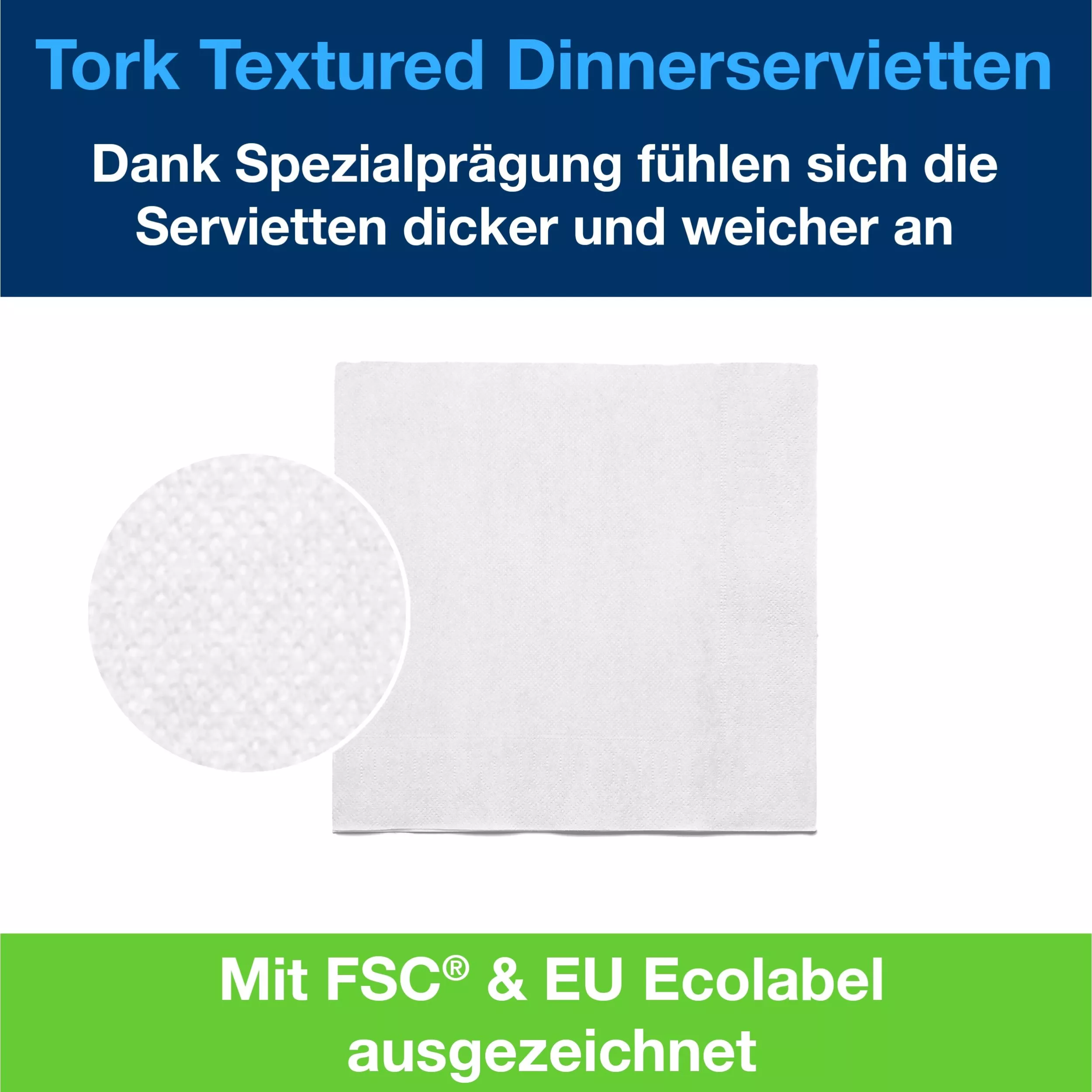 Tork Textured Dinnerserviette Weiß, 1/8-Falz, 2-lagig, 39.5 cm × 39 cm, 20 × 50 Servietten, 509420