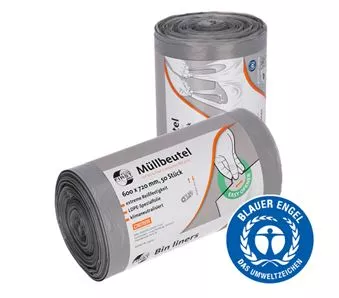 Deiss Müllbeutel 60 L mit Tragegriff Grau FirstPlus PCR 600x720+200 mm 50 Stück/Rolle