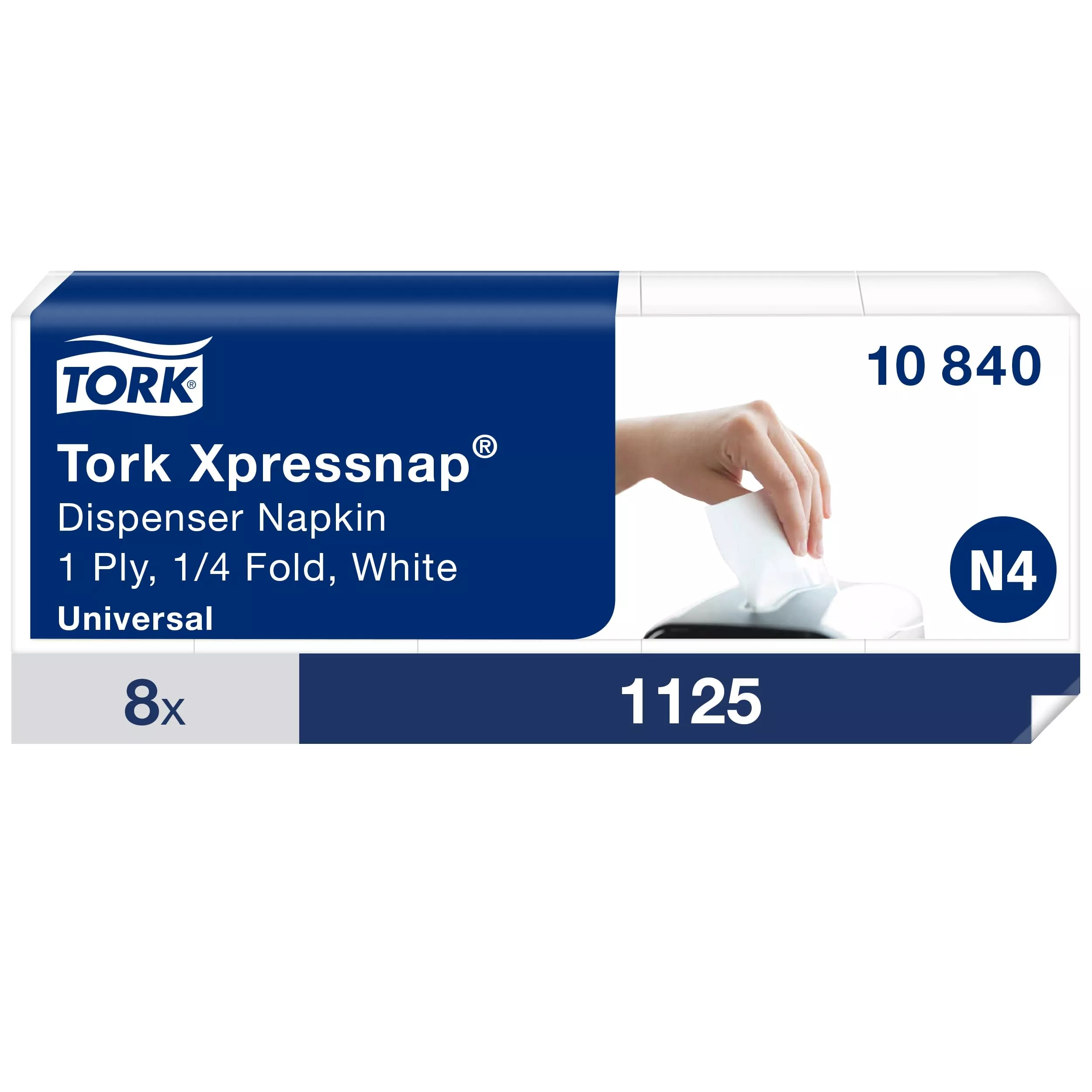 Tork Xpressnap® Weiße Spenderserviette N4, Universal, 1/4-Falz 1-lagig, 21,7 cm × 33 cm, 8 × 1125 Servietten, 10840