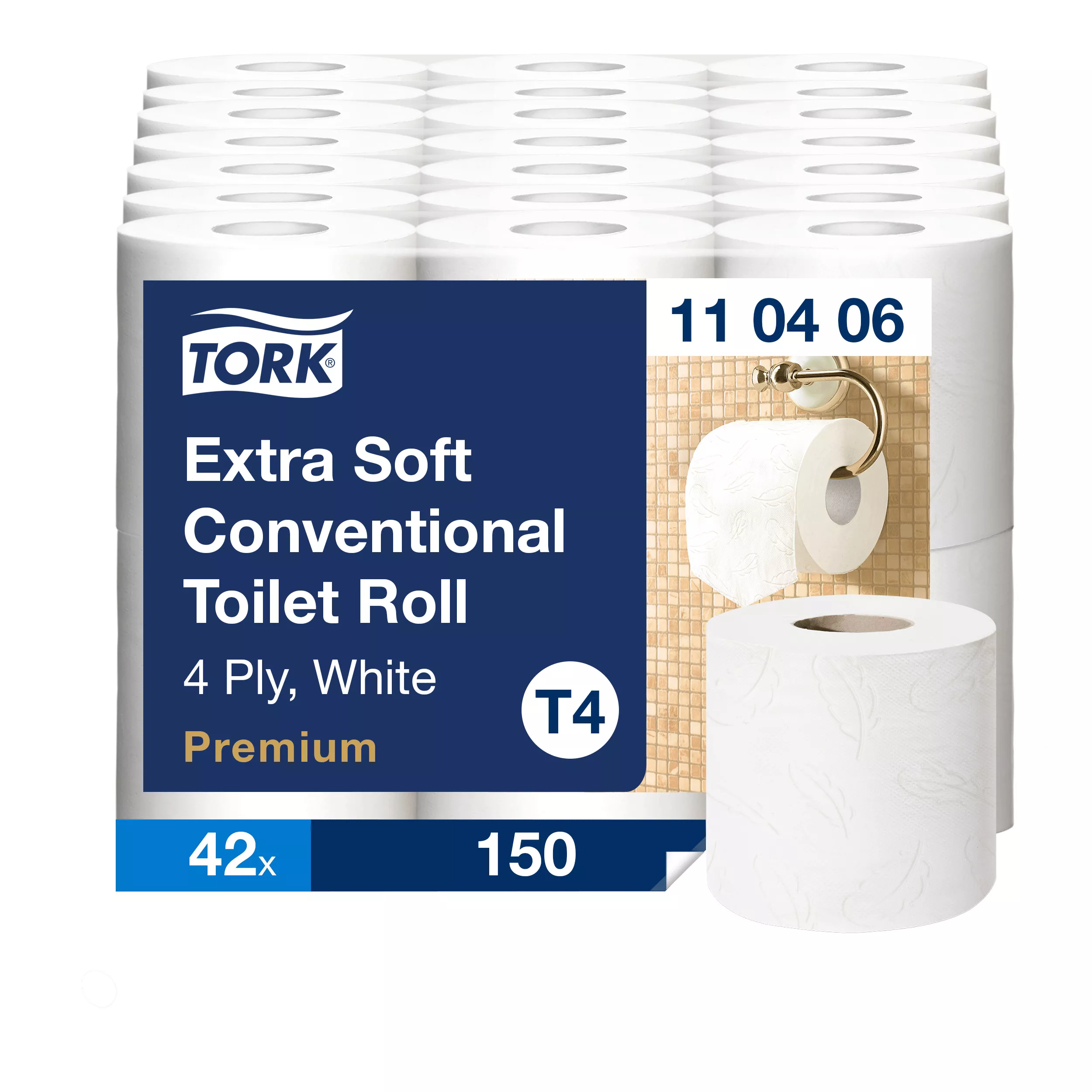 Tork extra weiches Kleinrollen Toilettenpapier Weiß T4, Premium, 4‑lagig, 42 × 150 Blatt, 110406