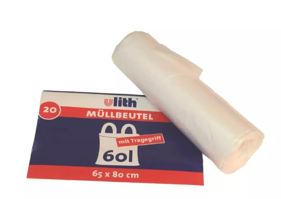 WBV Müllbeutel mit Tragegriff 60 Liter, 9 my, HDPE, weiß (1 Rolle = 20 Stück)