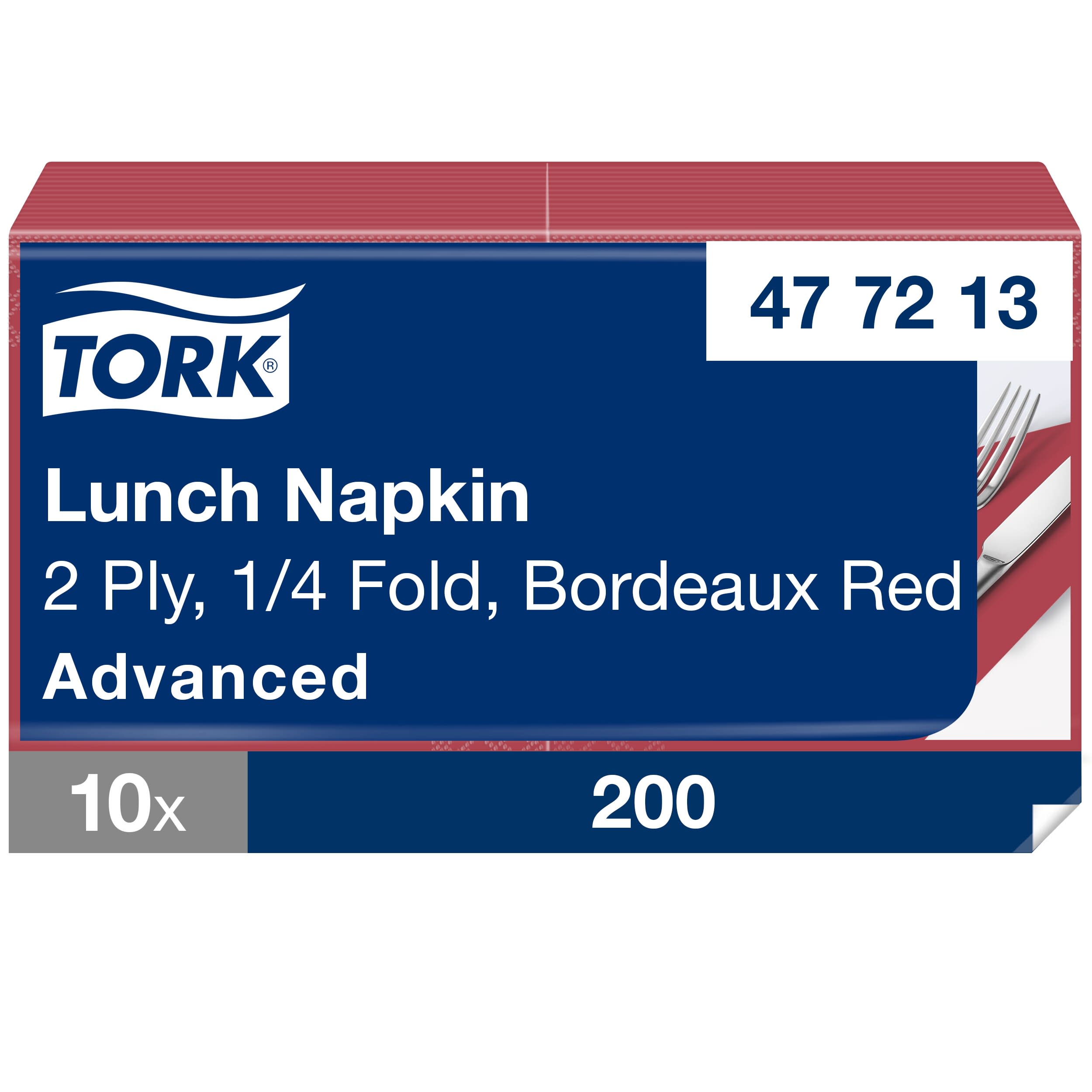 Tork Lunchserviette Bordeauxrot, 1/4-Falz, 2-lagig, 33 cm × 33 cm, 10 × 200 Servietten, 477213