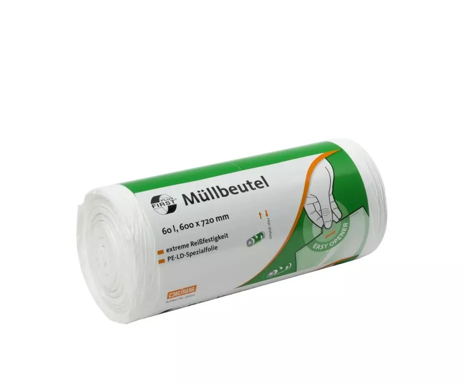 DEISS Müllbeutel 60 Liter, 12 my, LDPE, weiß (1 Rolle = 50 Stück)