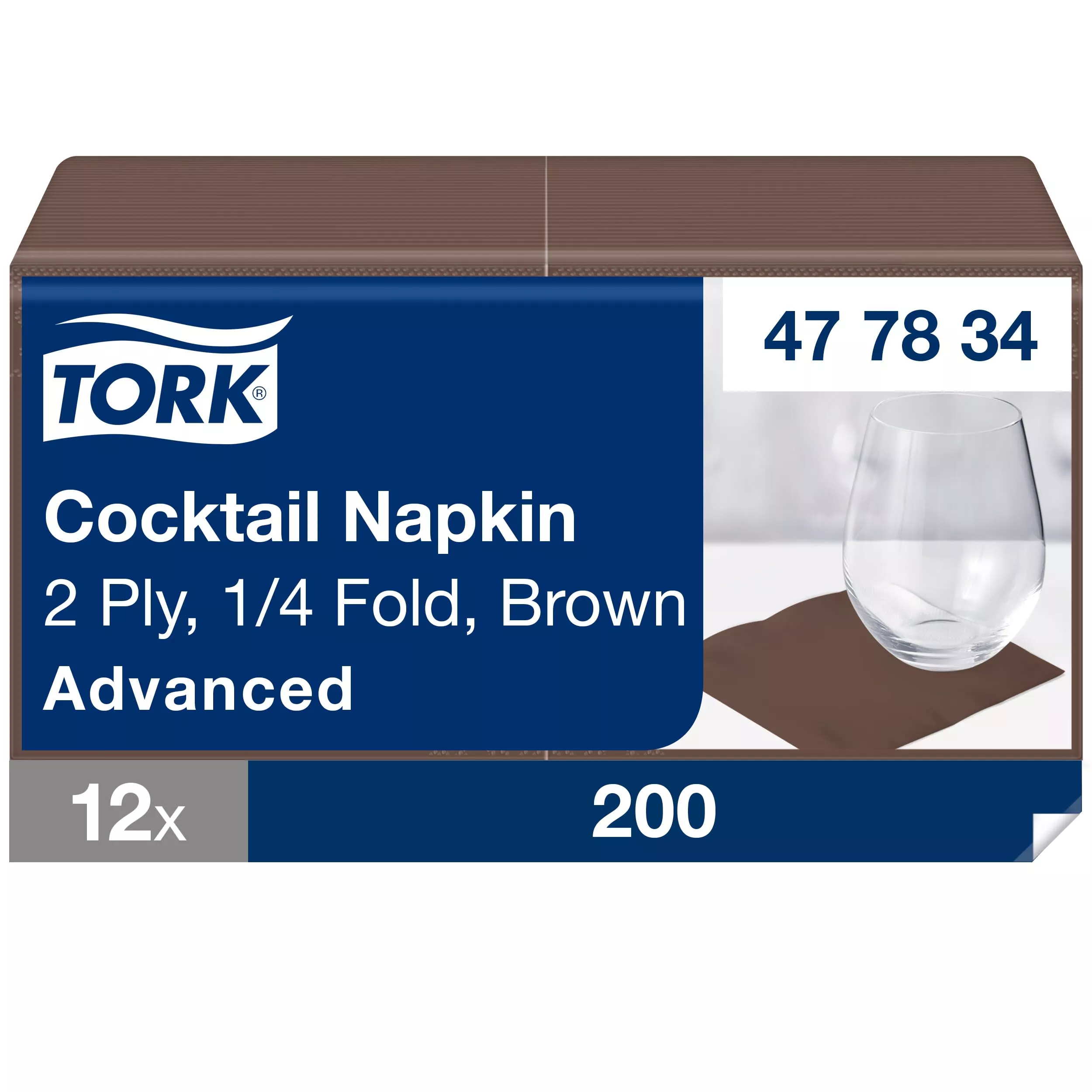 Tork Cocktailservietten Braun, 1/4-Falz, 2-lagig, 24 cm × 24 cm, 12 × 200 Servietten, 477834