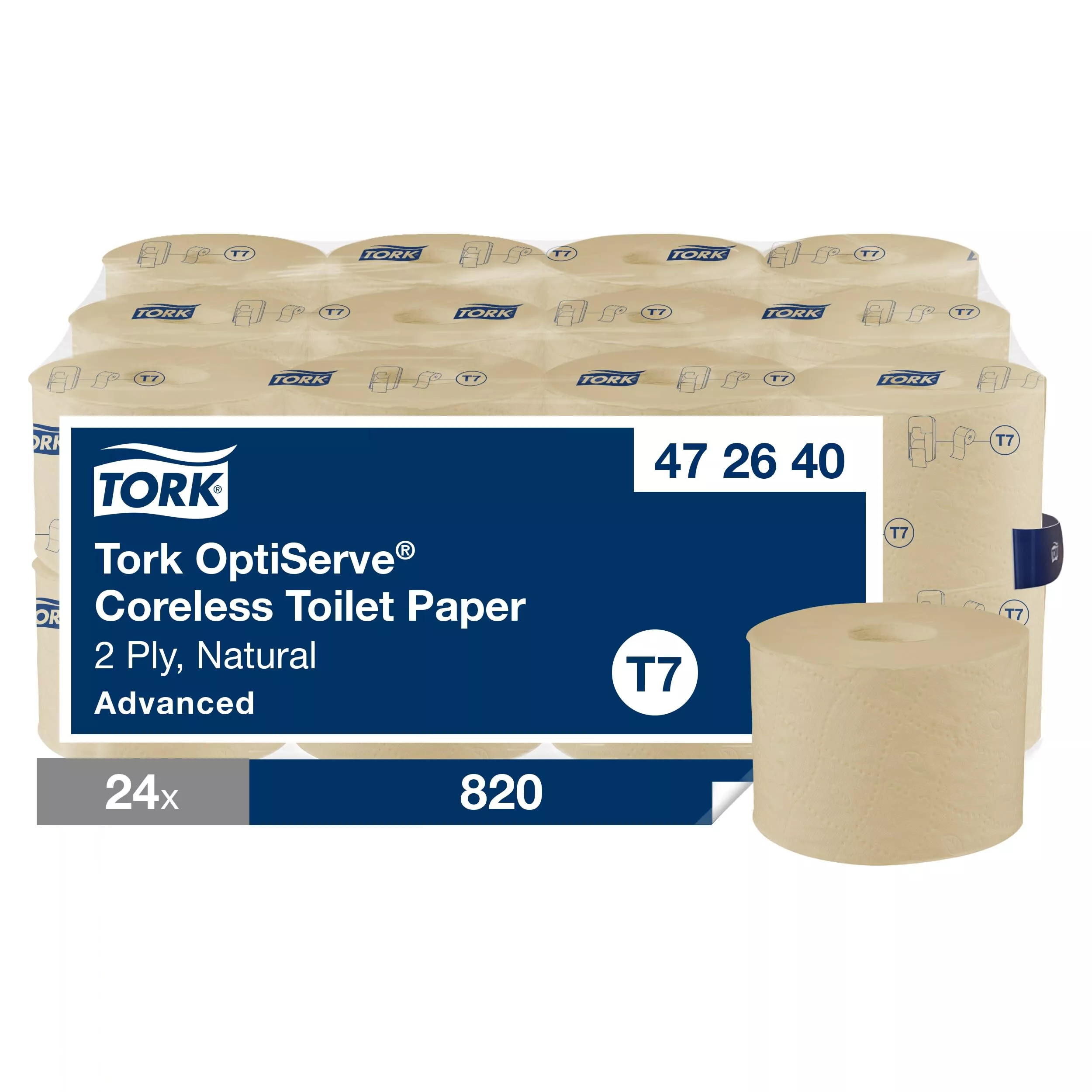 Tork OptiServe® Hülsenloses Toilettenpapier Natur T7, Advanced, 2‑lagig, 24 × 820 Blatt, 472640