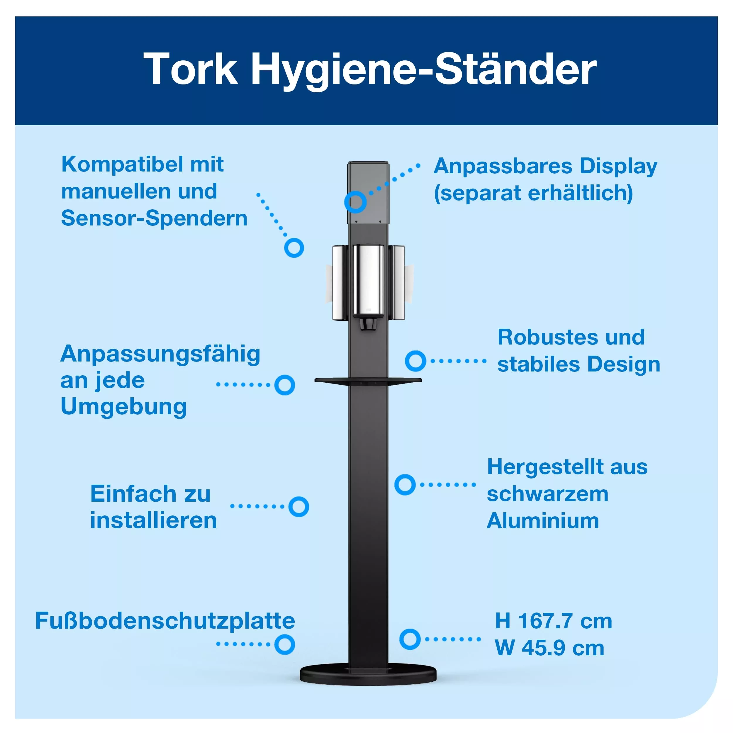 Tork Hygienesäule für Desinfektionsmittel und Tücher Schwarz S1/S2/S4/F1, geeignet für Tork Nachfüllpackungen und Spender 511055