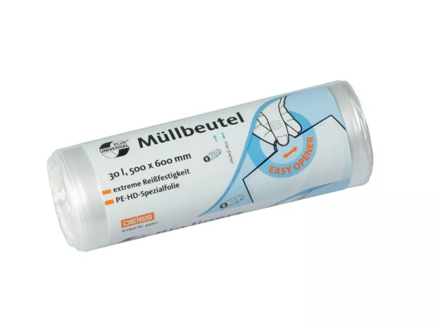 DEISS Müllbeutel 30 Liter, 5 my, HDPE, transparent (1 Rolle = 40 Stück)