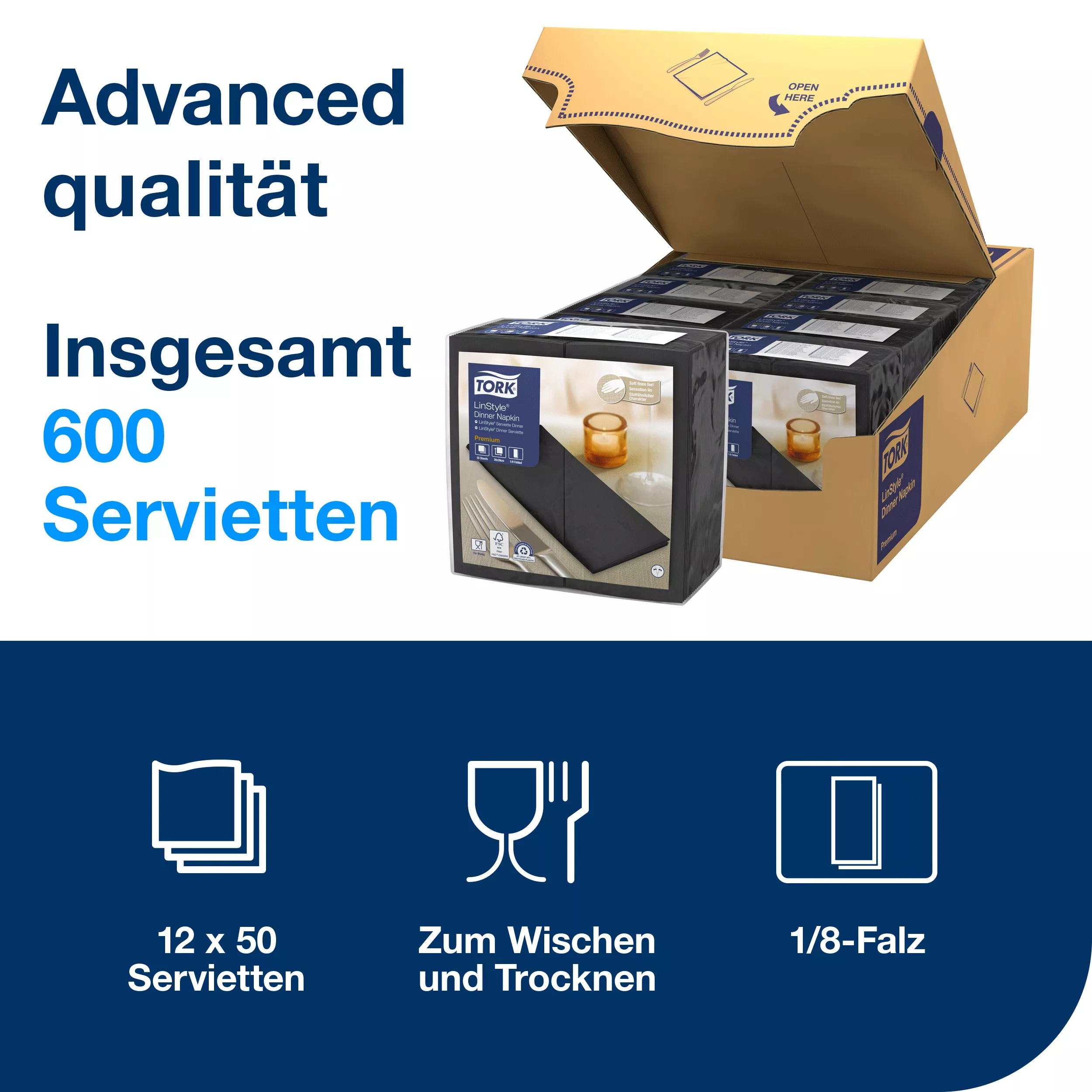 Tork LinStyle® Dinnerservietten Schwarz, 1/8‑Falz, 40 cm × 39 cm, 12 × 50 Servietten, 478151