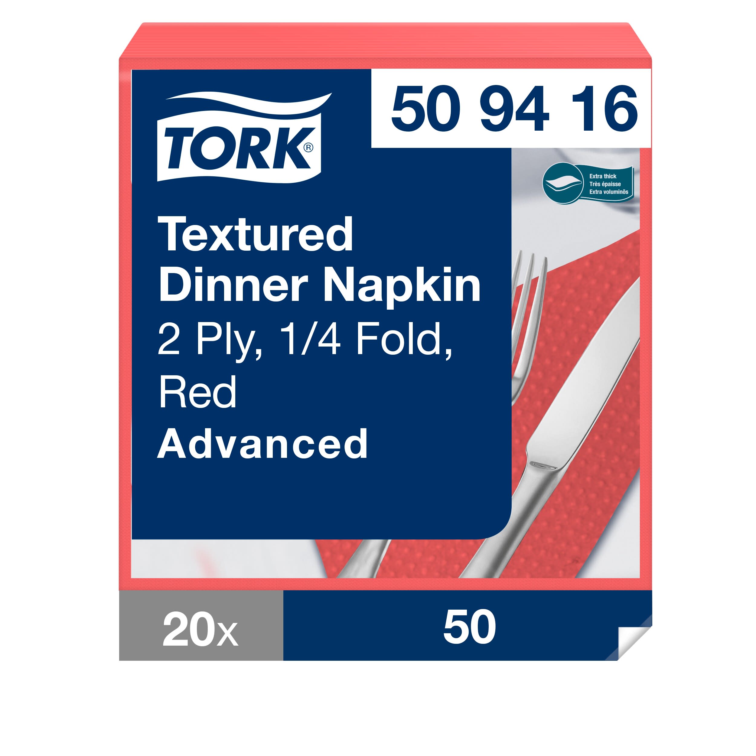 Tork Textured Dinnerservietten Rot, 1/4‑Falz, 2‑lagig, 38 cm × 39 cm, 20 × 50 Servietten, 509416