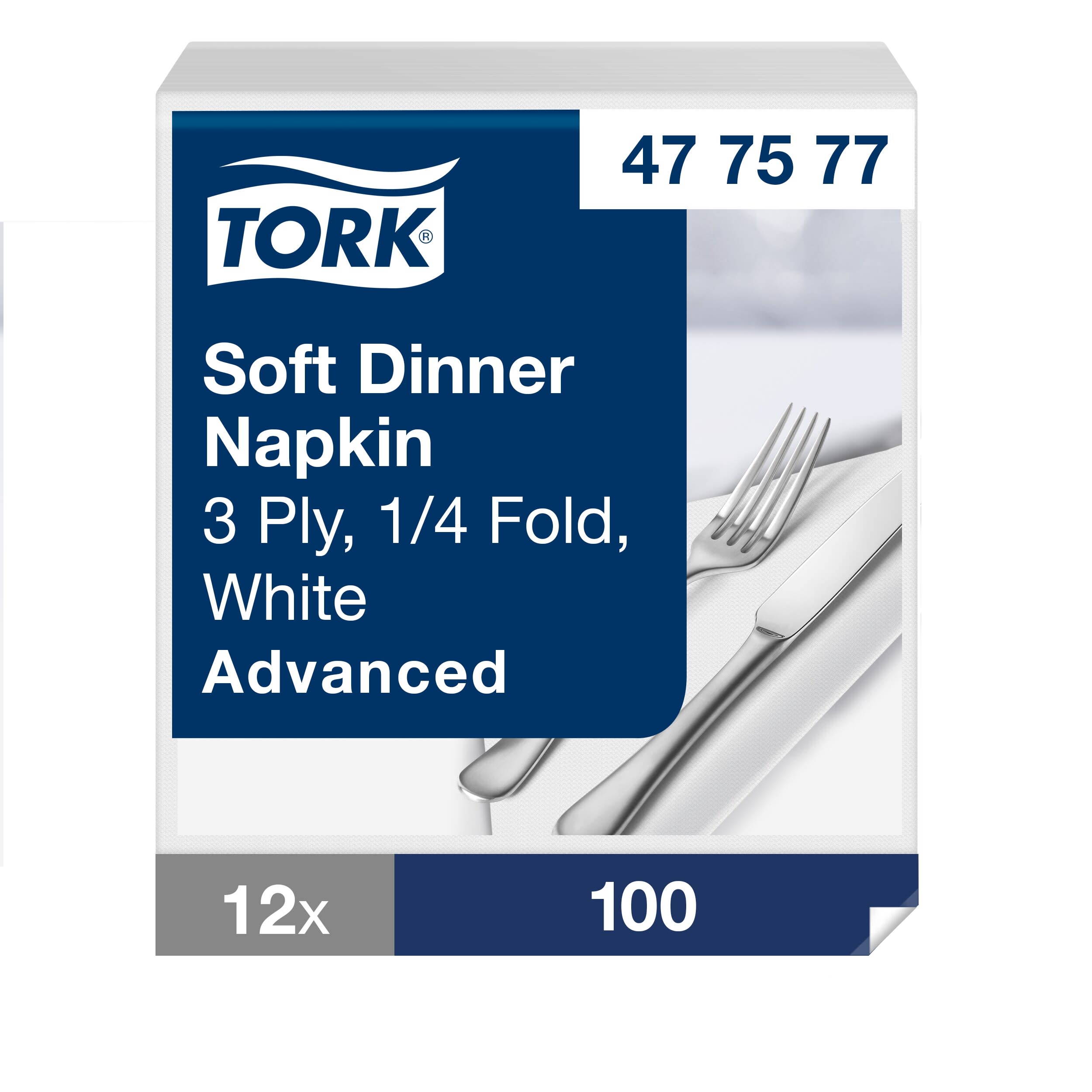 Tork Soft Dinnerservietten Weiß, 1/4‑Falz, 3‑lagig, 40 cm × 39 cm, 12 × 100 Servietten, 477577