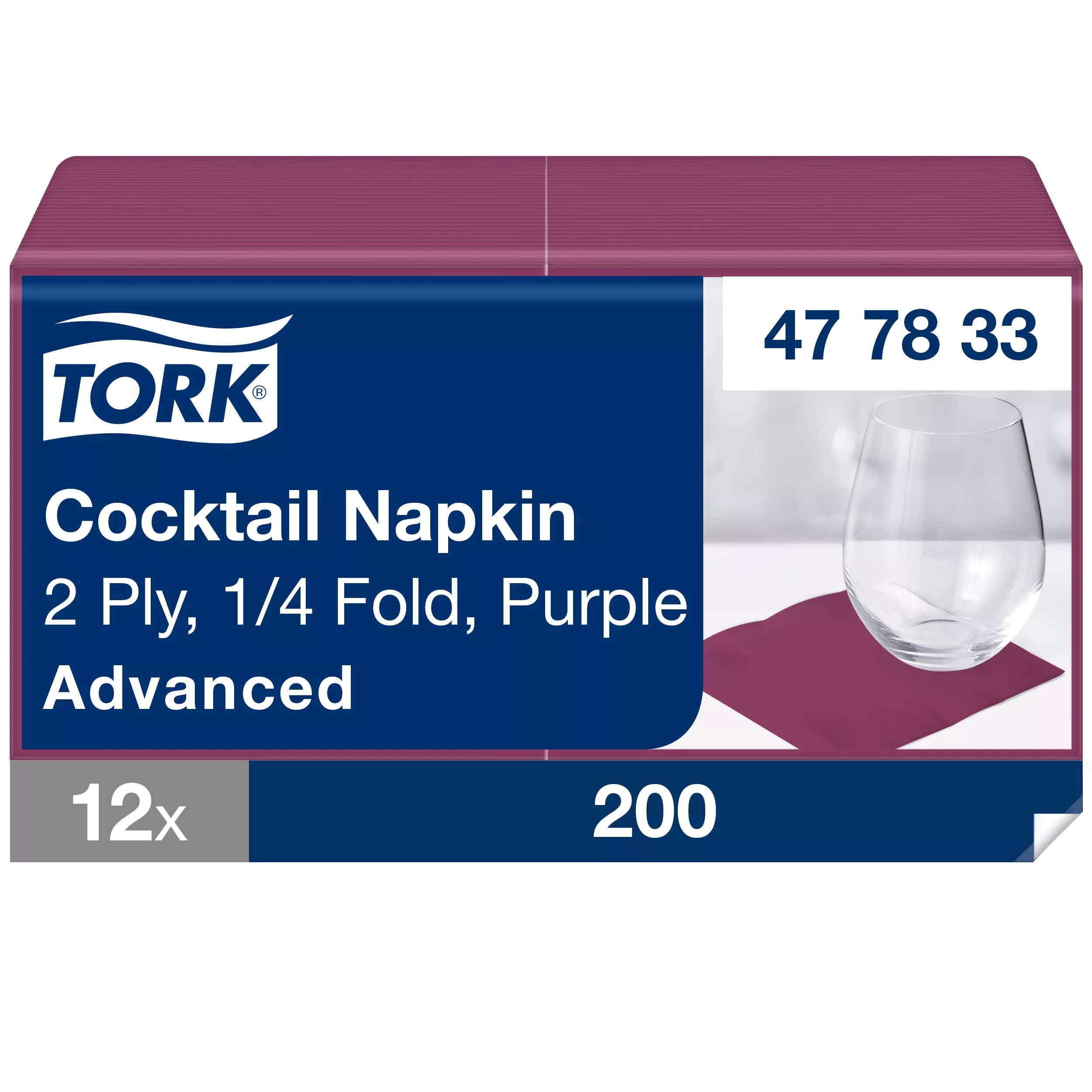 Tork Cocktailservietten Violett, 1/4-Falz, 2-lagig, 24 cm × 24 cm, 12 × 200 Servietten, 477833