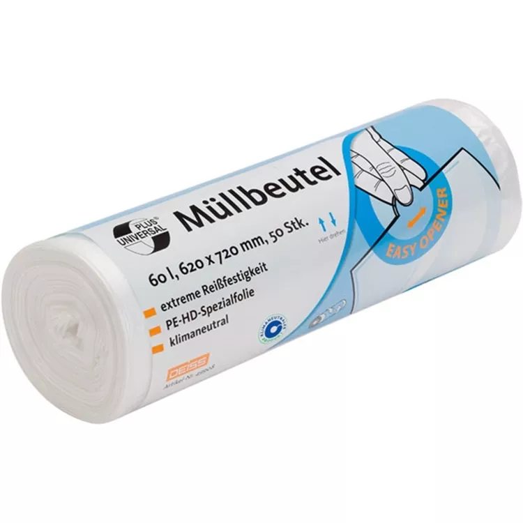 DEISS Universal Plus Müllbeutel 60 Liter, 6 my, HDPE, transparent (1 Rolle = 50 Beutel)