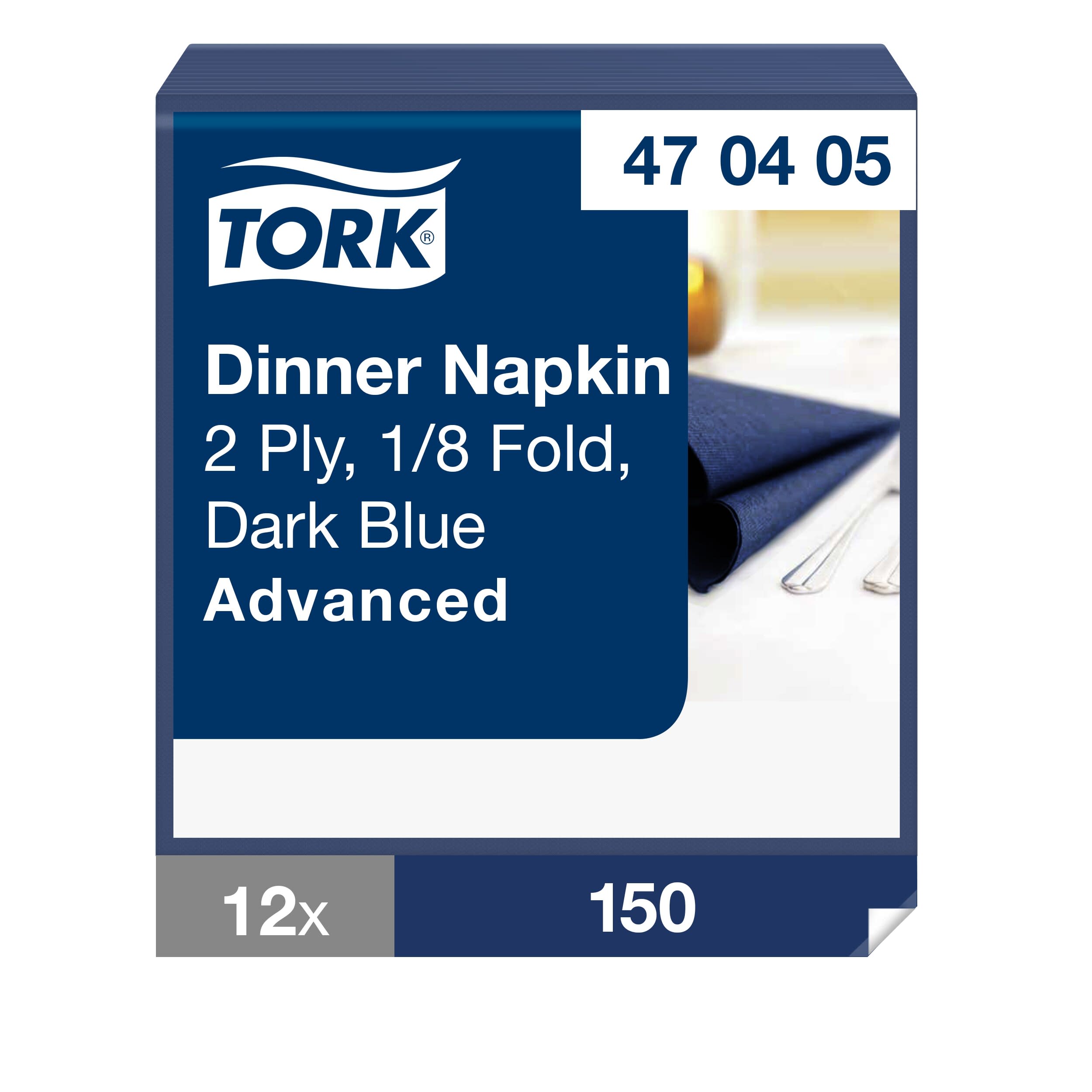 Tork Dinnerservietten Dunkelblau, 1/8‑Falz, 2‑lagig, 39 cm × 39 cm, 12 × 150 Servietten, 470405