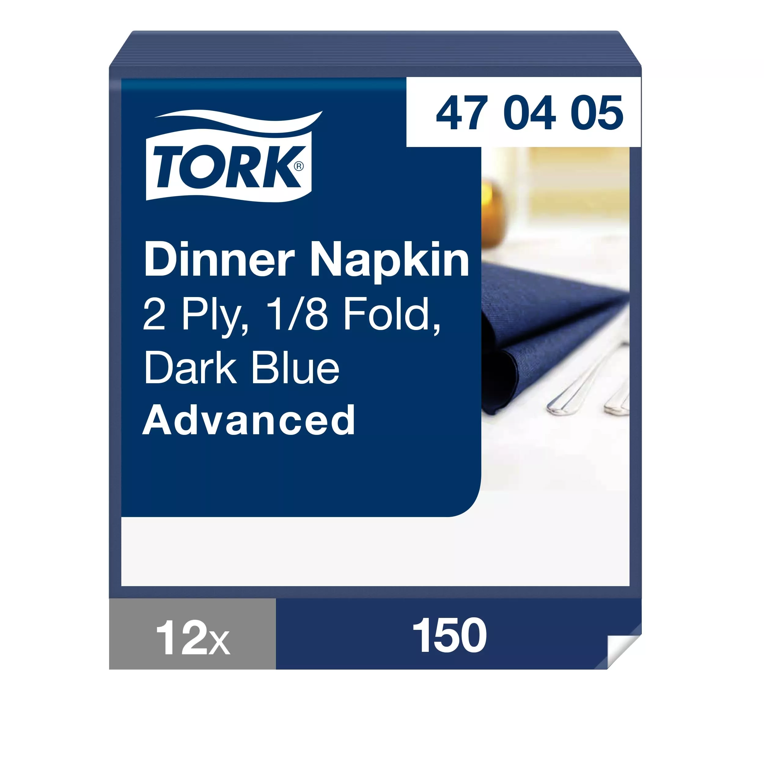 Tork Dinnerservietten Dunkelblau, 1/8‑Falz, 2‑lagig, 39 cm × 39 cm, 12 × 150 Servietten, 470405