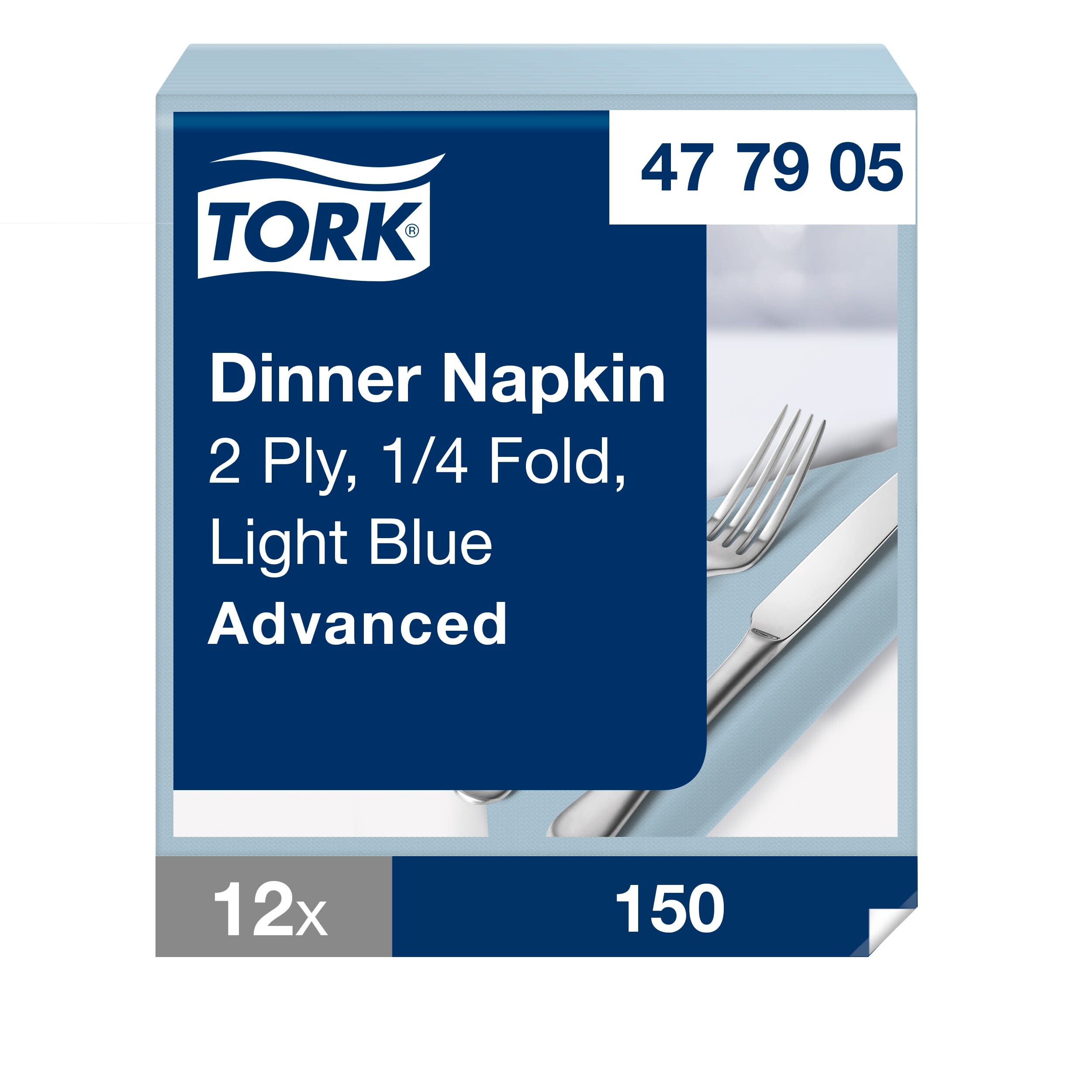 Tork Dinnerservietten Hellblau, 1/4-Falz, 2‑lagig, 40 cm × 39 cm, 12 × 150 Servietten, 477905