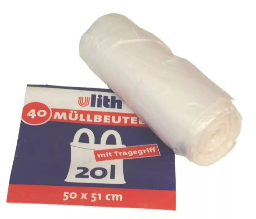 WBV Müllbeutel mit Tragegriff 20 Liter, 7,5 my, HDPE, transparent (1 Rolle = 40 Stück)