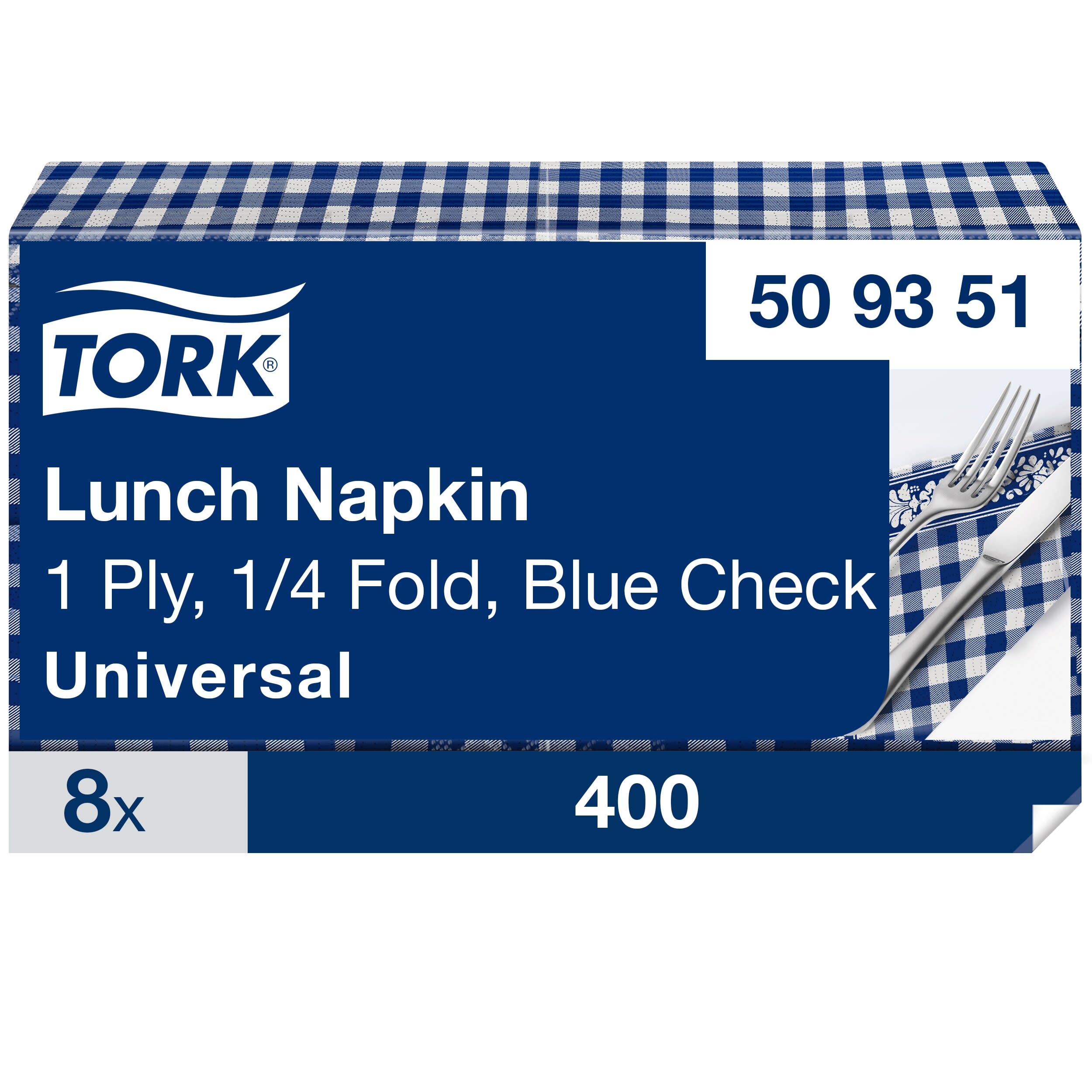 Tork Blaukarierte Lunchserviette, 1/4-Falz, 1-lagig, 33 cm × 33 cm, 8 × 400 Servietten, 509351