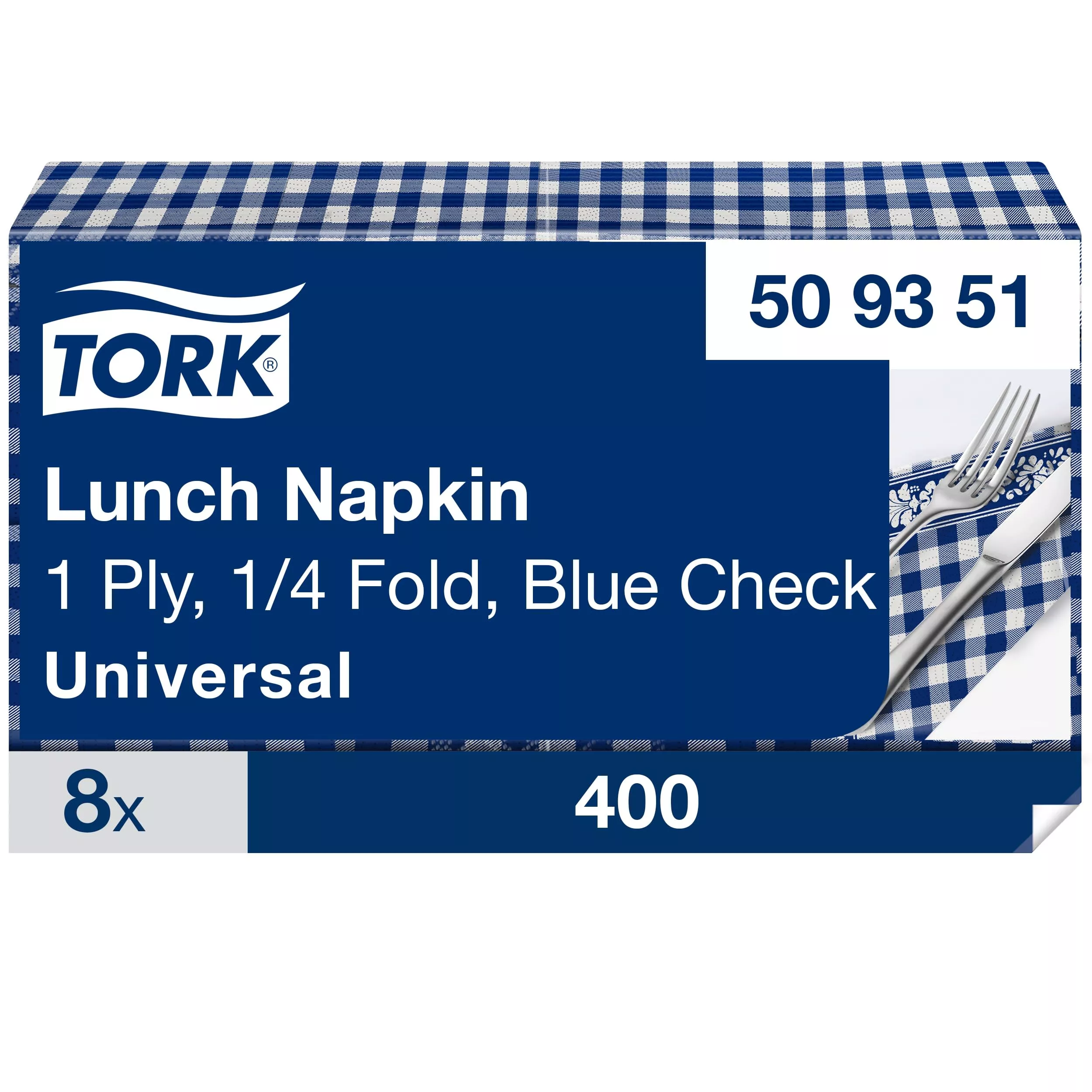 Tork Blaukarierte Lunchserviette, 1/4-Falz, 1-lagig, 33 cm × 33 cm, 8 × 400 Servietten, 509351