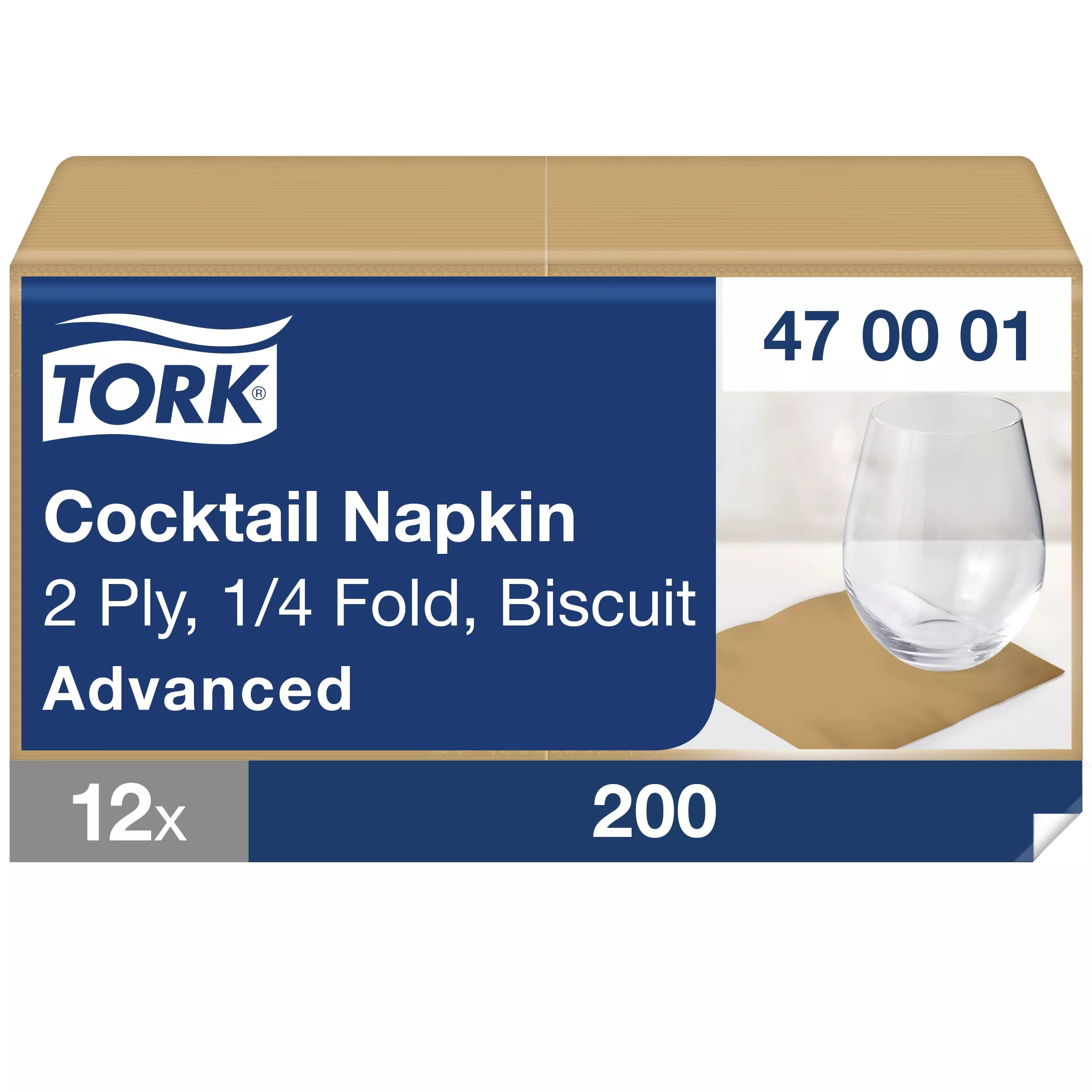 Tork Cocktailservietten Biscuit, 1/4-Falz, 2-lagig, 24 cm × 24 cm, 12 × 200 Servietten, 470001