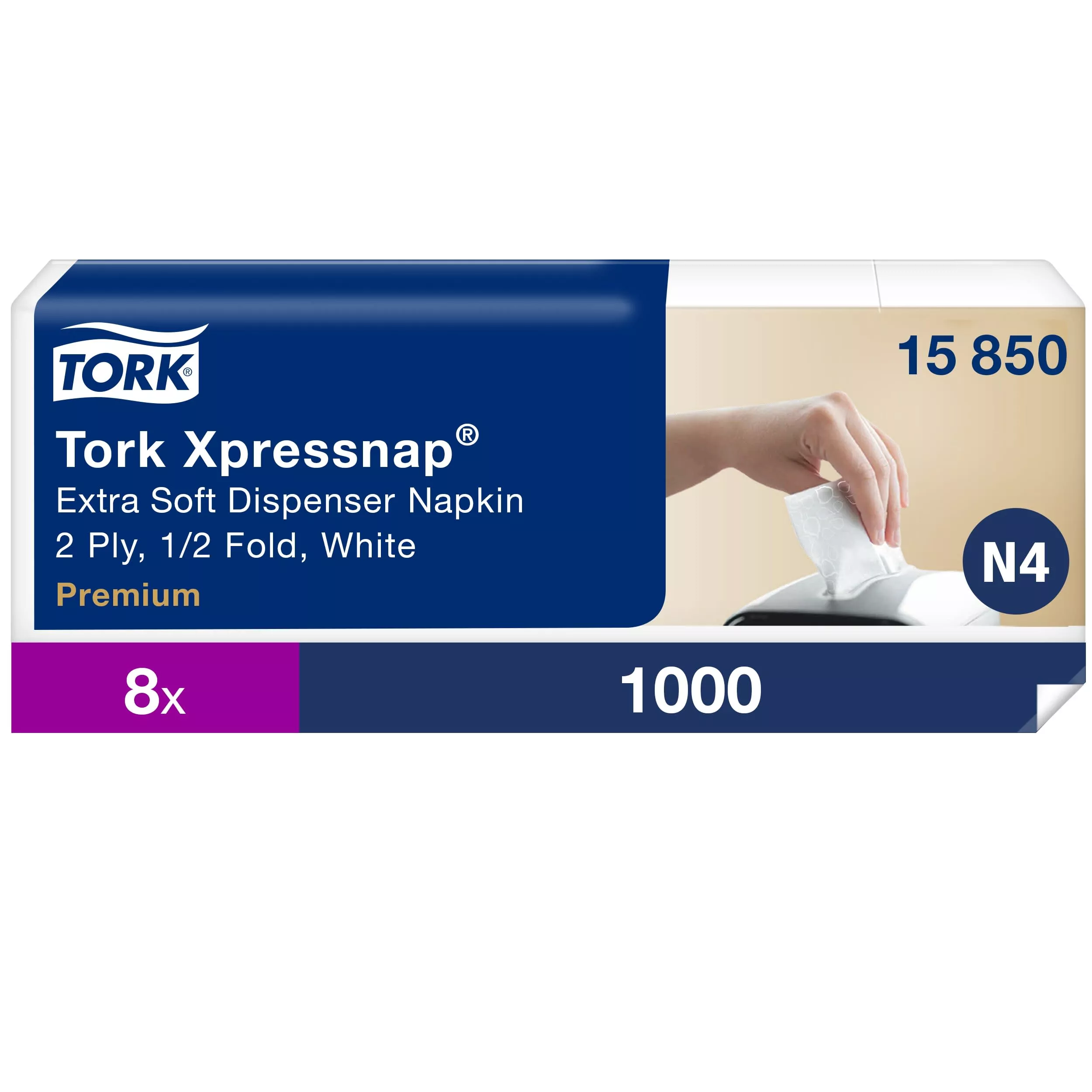 Tork Xpressnap® Extra Soft Weiße Spenderserviette N4, Premium, 1/2-Falz 2-lagig, 21,3 cm × 16,5 cm, 8 × 1.000 Servietten, 15850