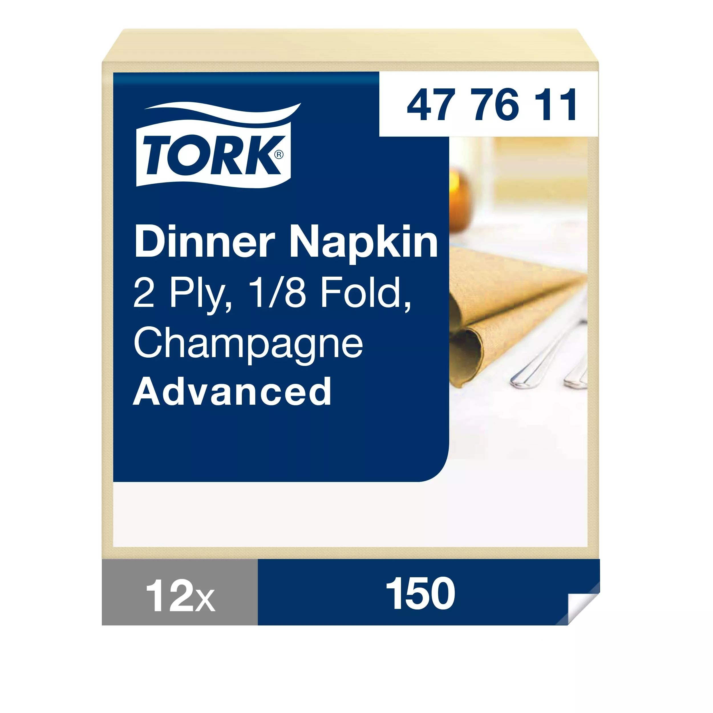 Tork Dinnerservietten Champagner, 1/8‑Falz, 2‑lagig, 39 cm × 39 cm, 12 × 150 Servietten, 477611
