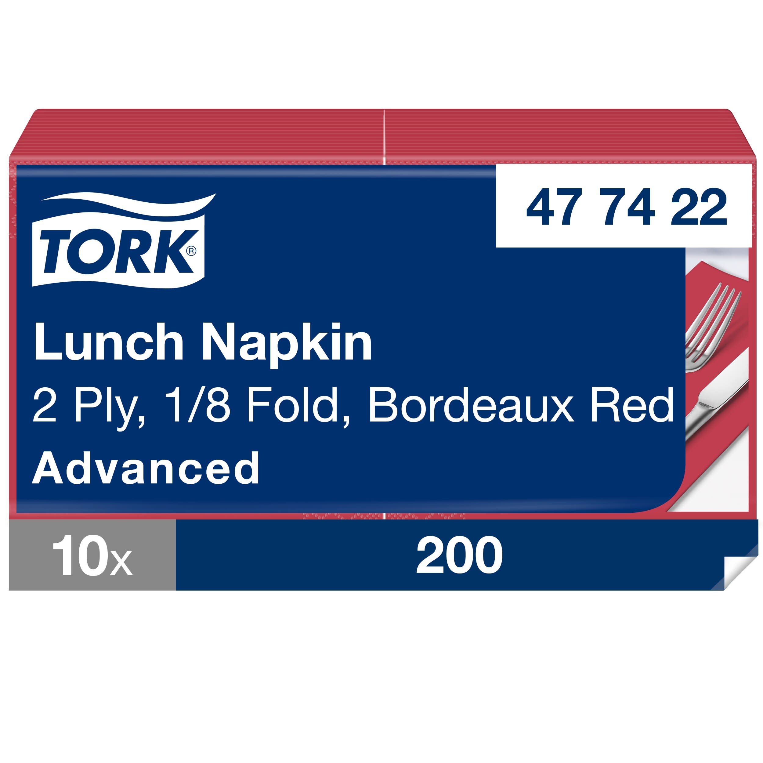 Tork Lunchservietten Bordeauxrot, 1/8-Falz, 2-lagig, 33 cm × 33 cm, 10 × 200 Servietten, 477422