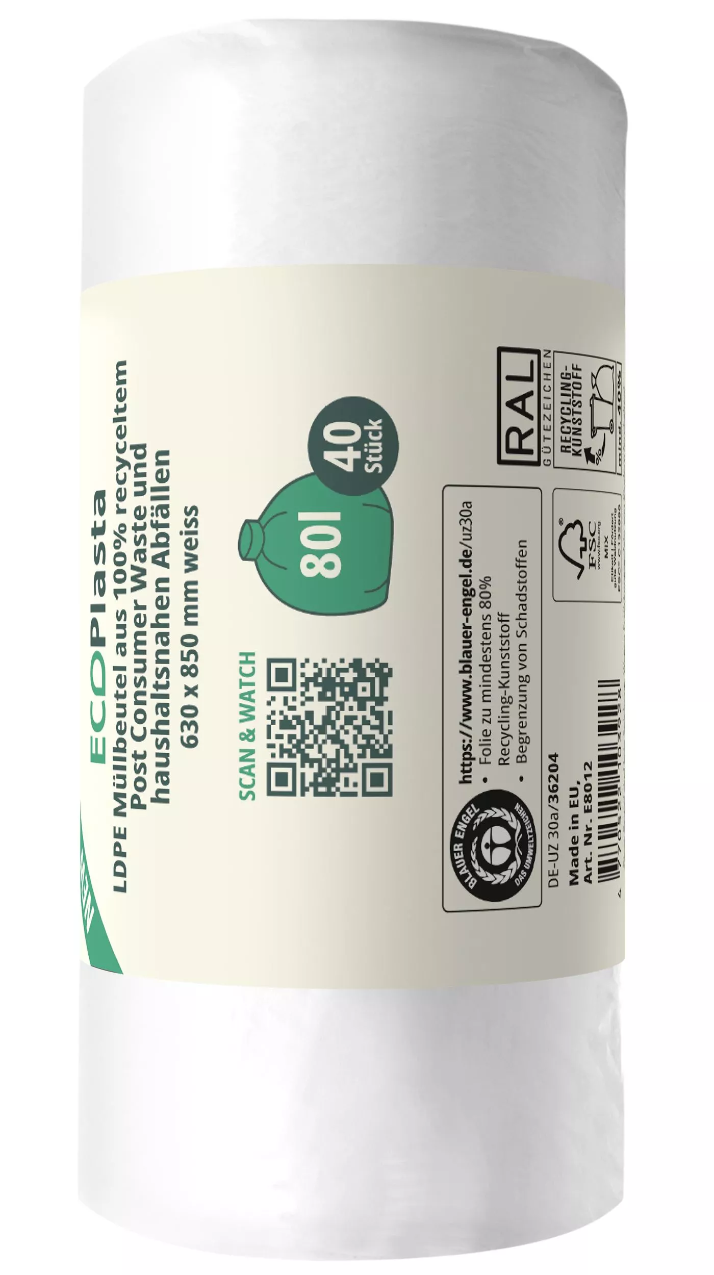 Plasta ECOPlasta Müllbeutel 60-80L LDPE 14my 630x850mm weiß 40 Stück Rolle