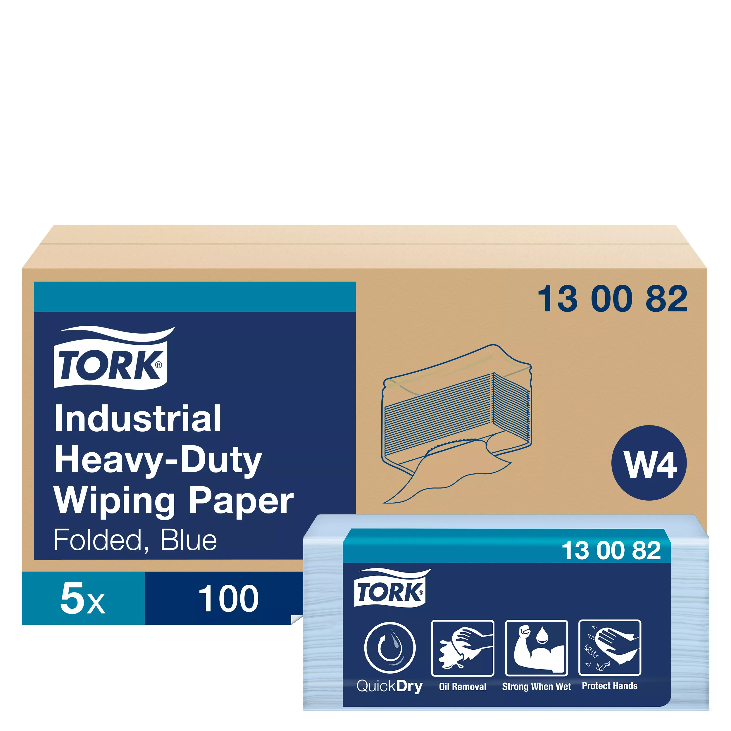 Tork Extra Starke Industrie Papierwischtücher Blau W4, Schützen die Hände, 5 × 100 Tücher, 130082