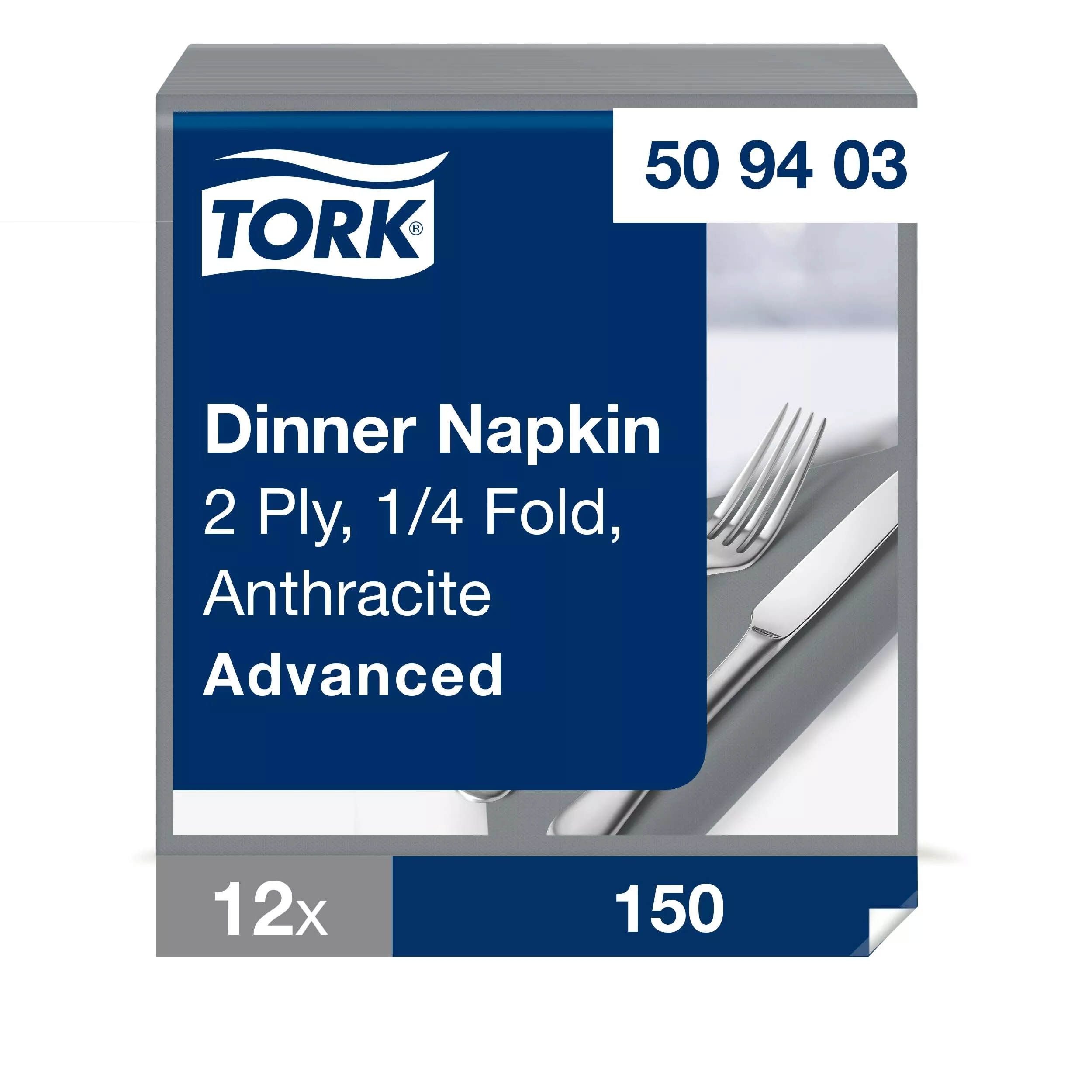 Tork Dinnerservietten Anthrazit, 1/4-Falz, 2‑lagig, 40 cm × 39 cm, 12 × 150 Servietten, 509403
