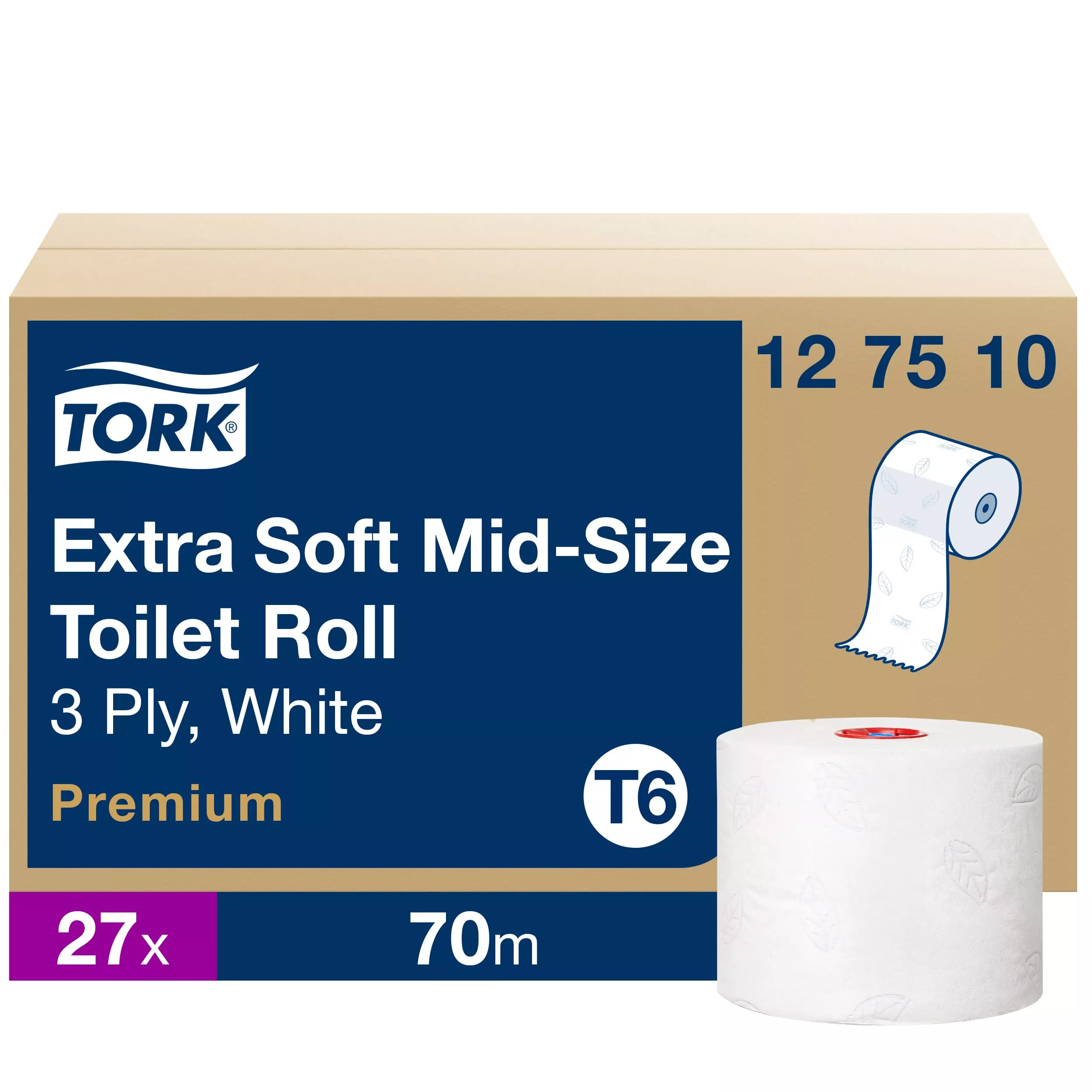 Tork extra weiche Midi Toilettenpapierrolle Weiß T6, Premium, 3-lagig, 27 Rollen, 127510