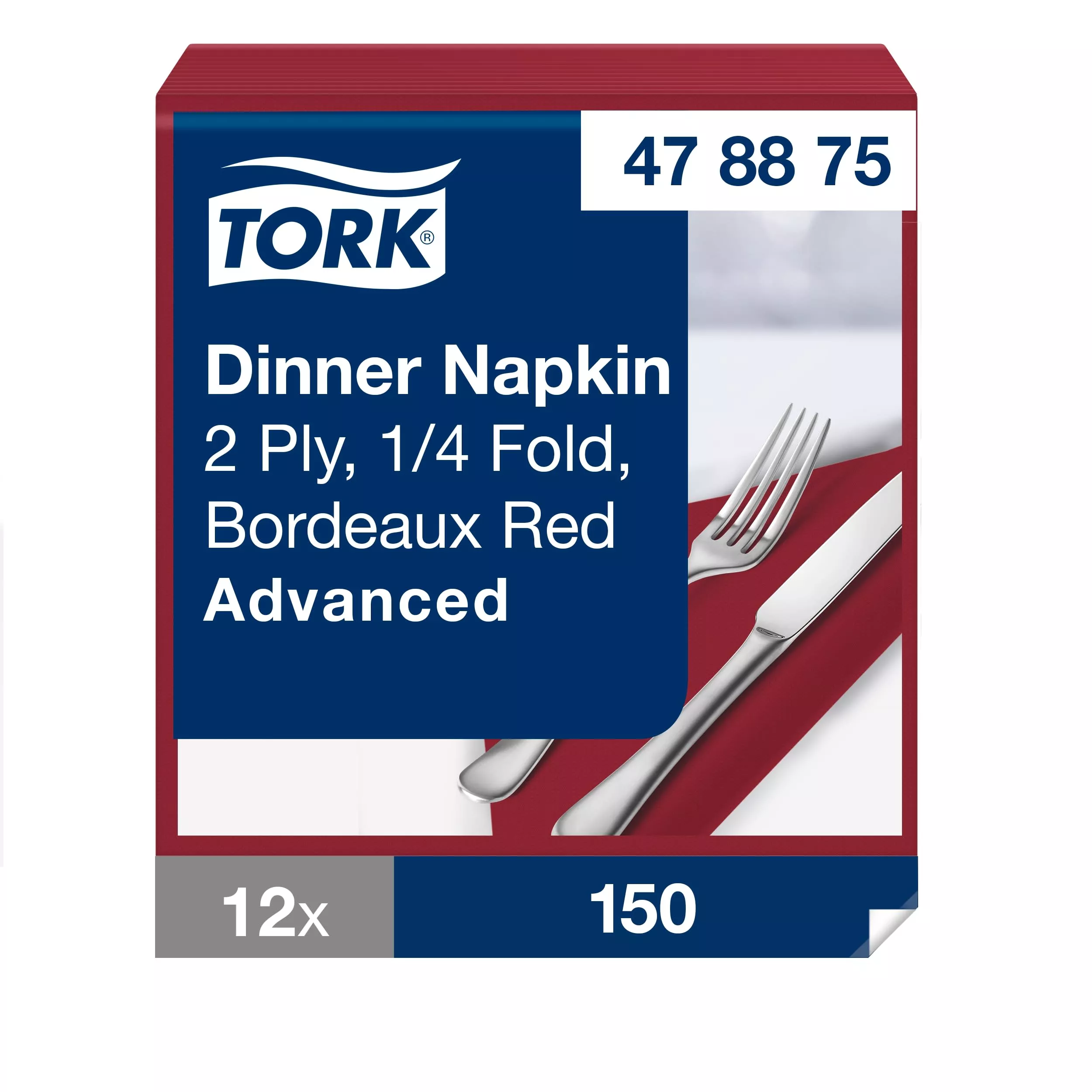 Tork Dinnerservietten Bordeauxrot, 1/4-Falz, 2‑lagig, 40 cm × 39 cm, 12 × 150 Servietten, 478875