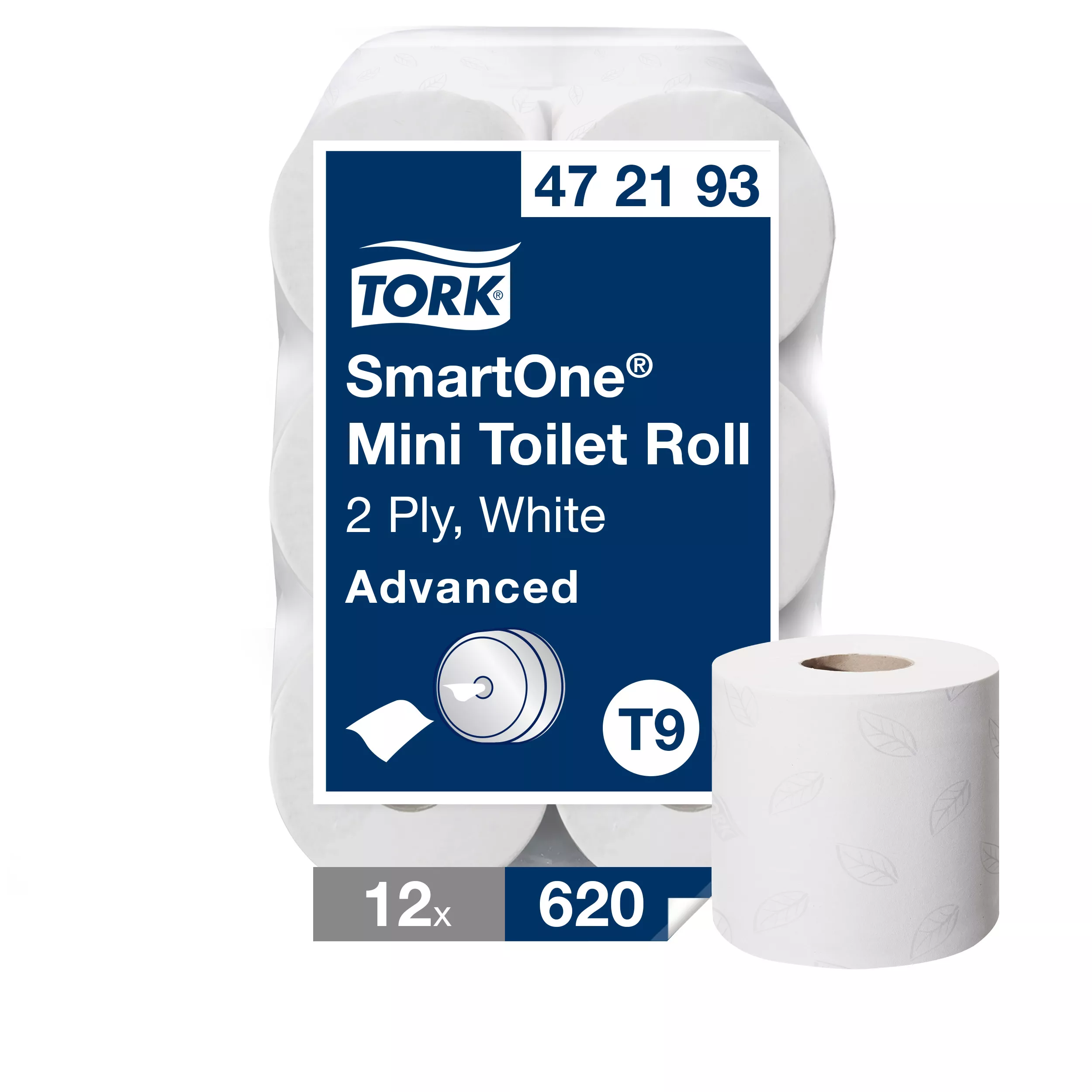 Tork SmartOne® Mini Toilettenpapier Weiß T9, Advanced, 2-lagig, 12 × 620 Blatt, 472193