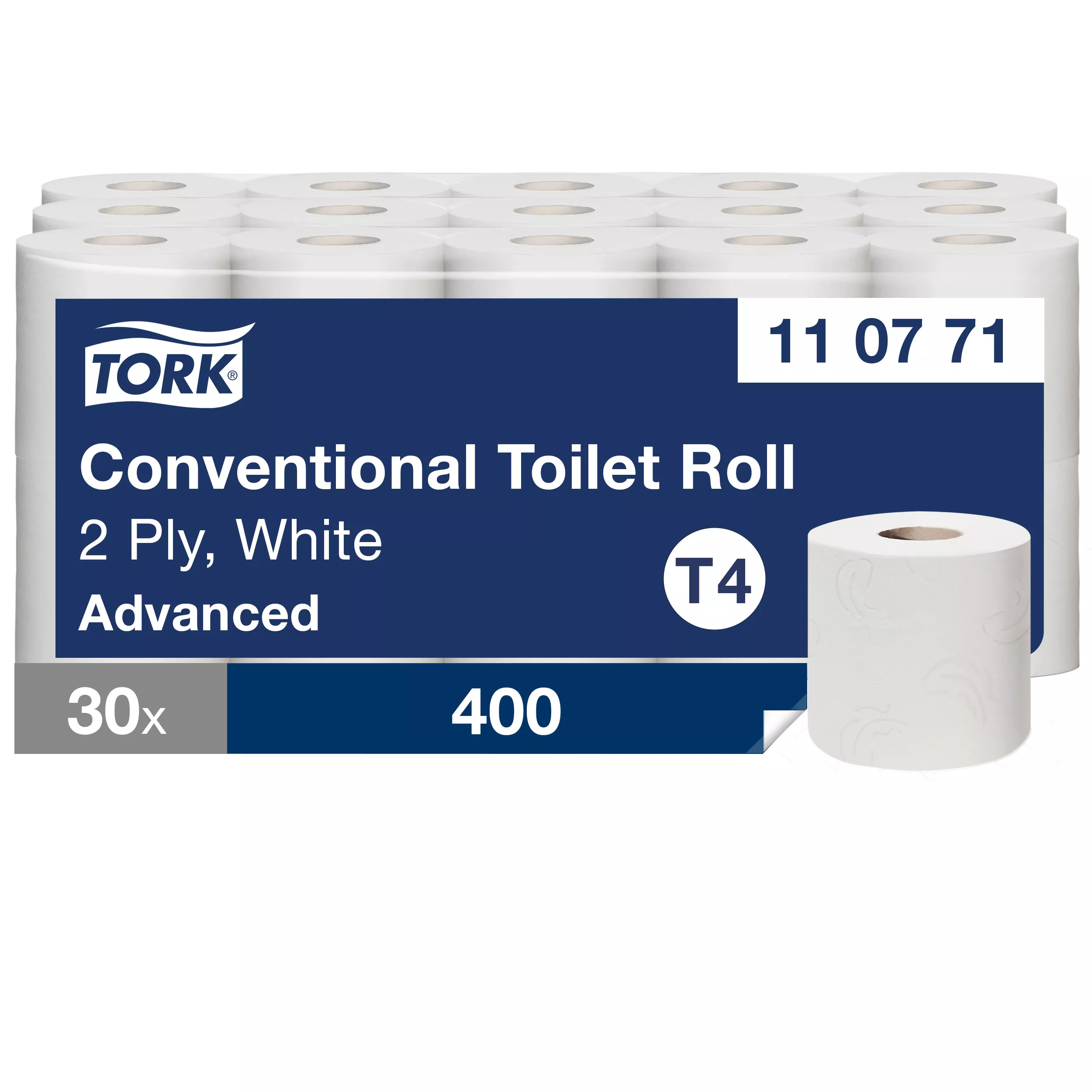 Tork Kleinrollen Toilettenpapier Weiß T4, Advanced, 2-lagig, 30 × 400 Blatt, 110771