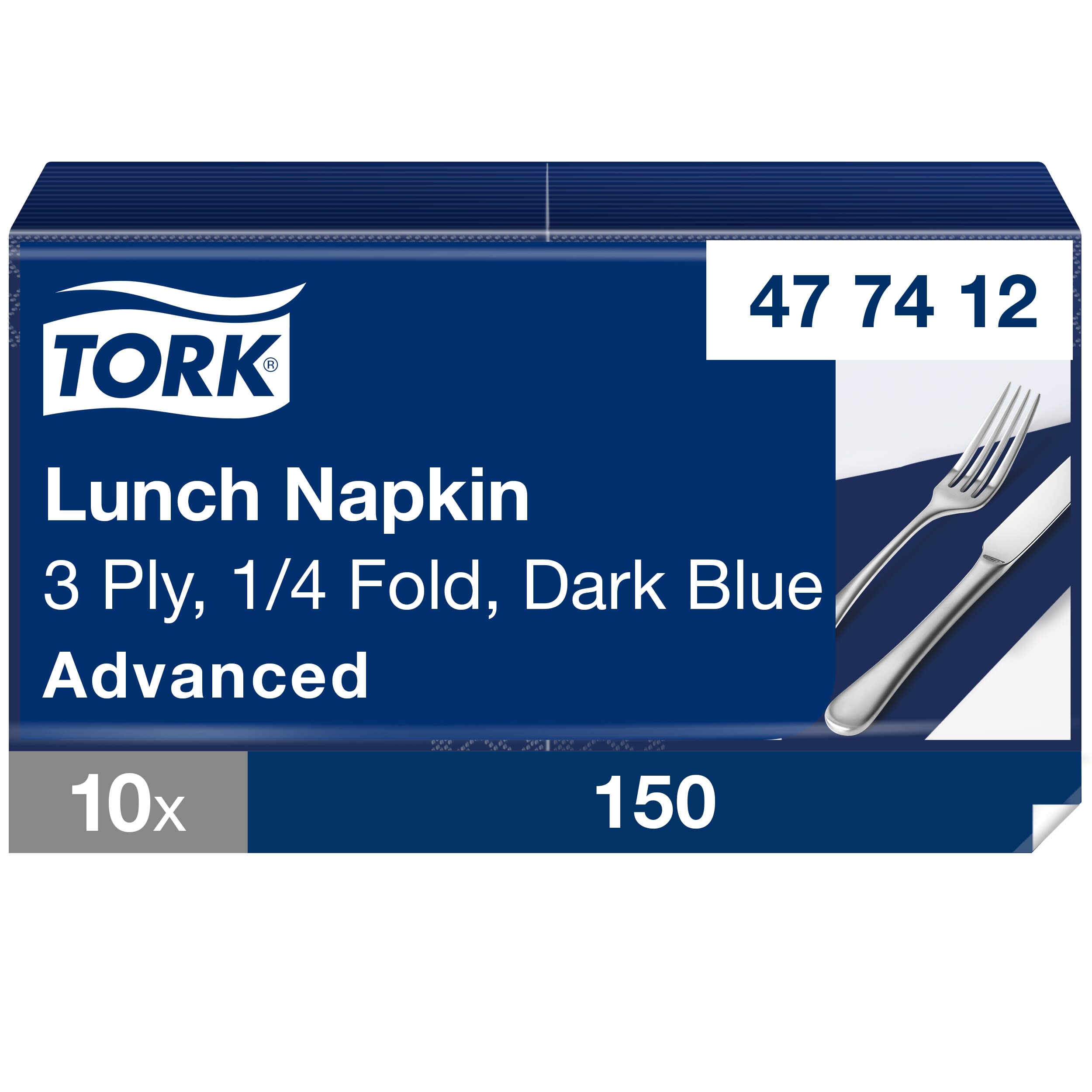 Tork Soft Lunchserviette Dunkelblau, 1/4-Falz, 3-lagig, 33 cm × 33 cm, 10 × 150 Servietten, 477412